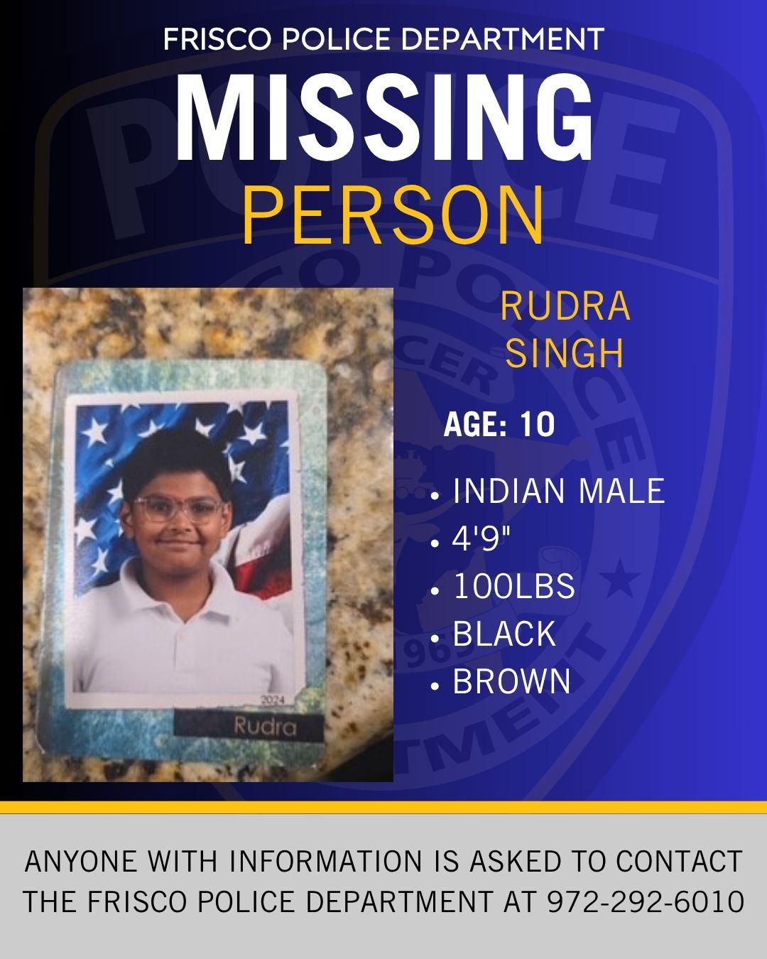 Rudra Singh Frisco, Texas Critical Missing Person